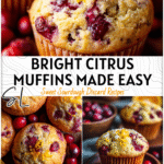 Close-up of cranberry orange sourdough muffins with orange zest and scattered fresh cranberries.